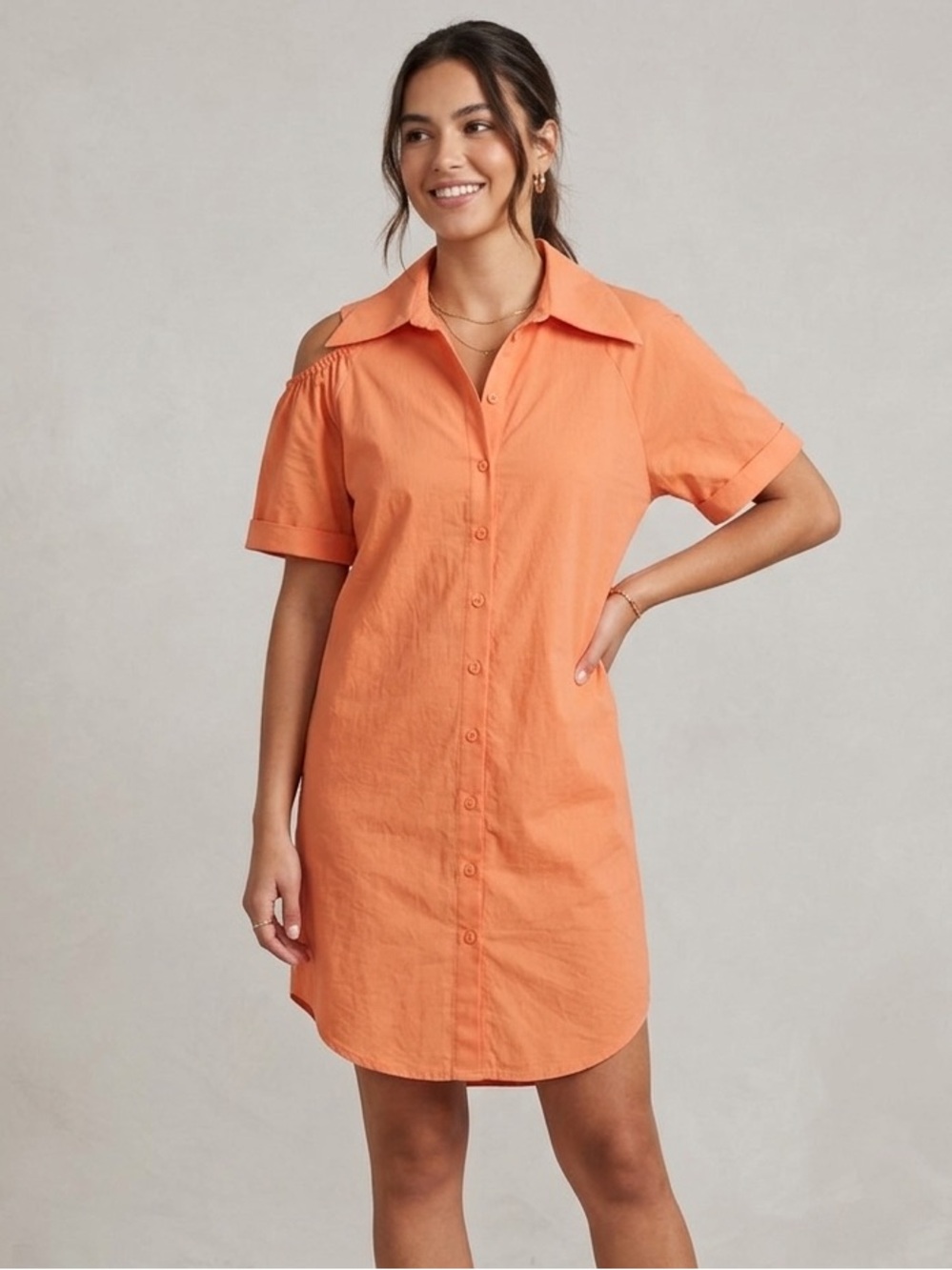 Melow Sz M Orange Linen Blend Button Front Shirt Dress